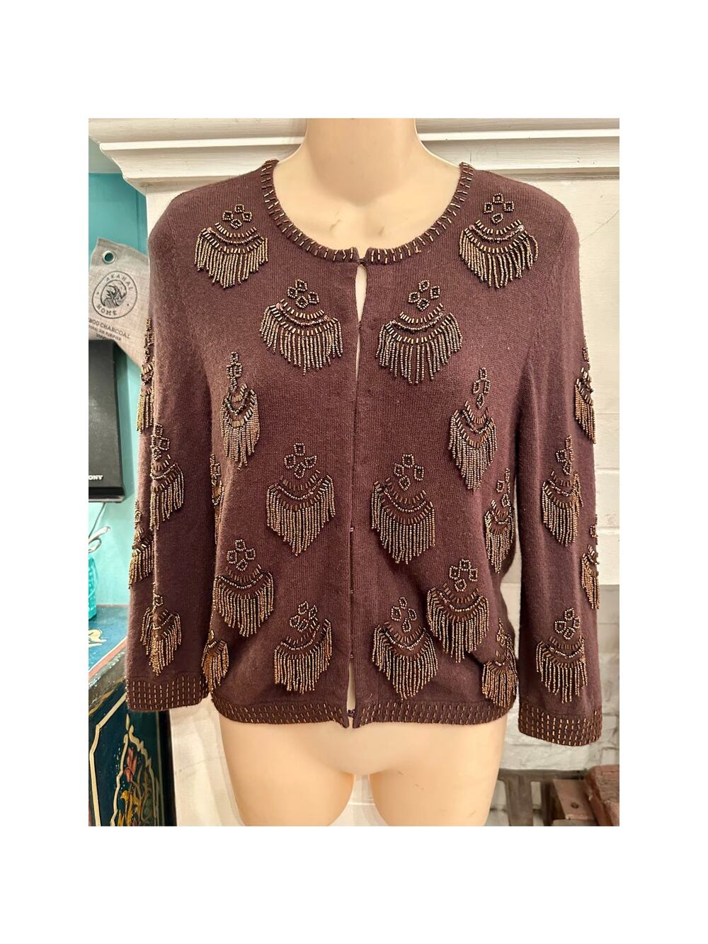 VINTAGE INTRICATELY BEADED TASSEL CASHMERE CARDIGAN SWEATER S